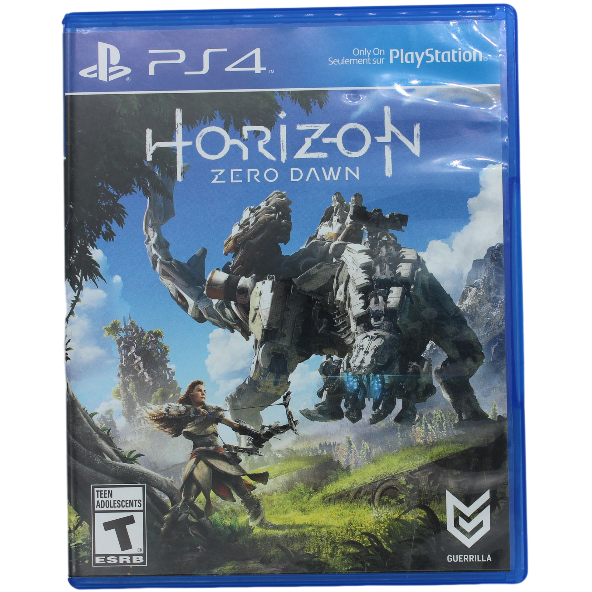 PlayStation 4 game case for 'Horizon Zero Dawn' featuring a robot and a person in a field.
