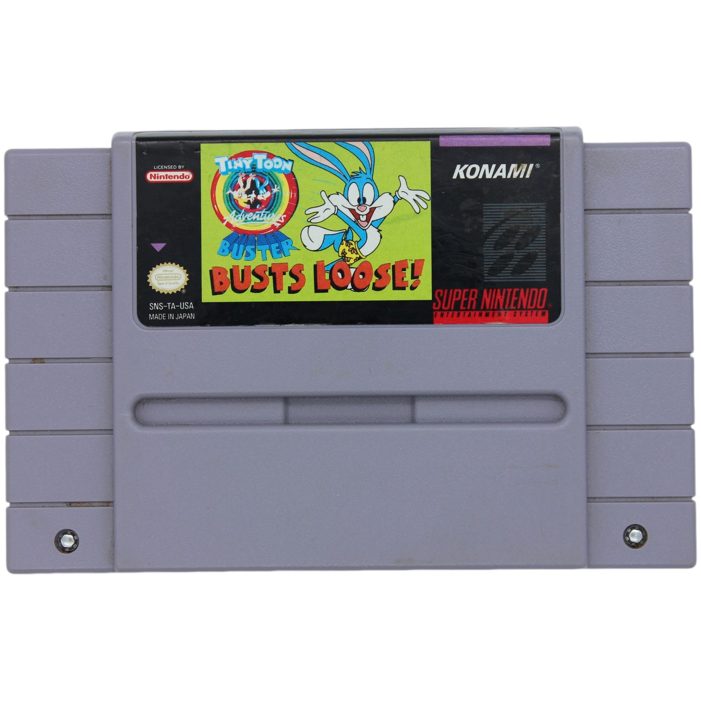 Super Nintendo game cartridge with Konami branding and cartoon character on the label