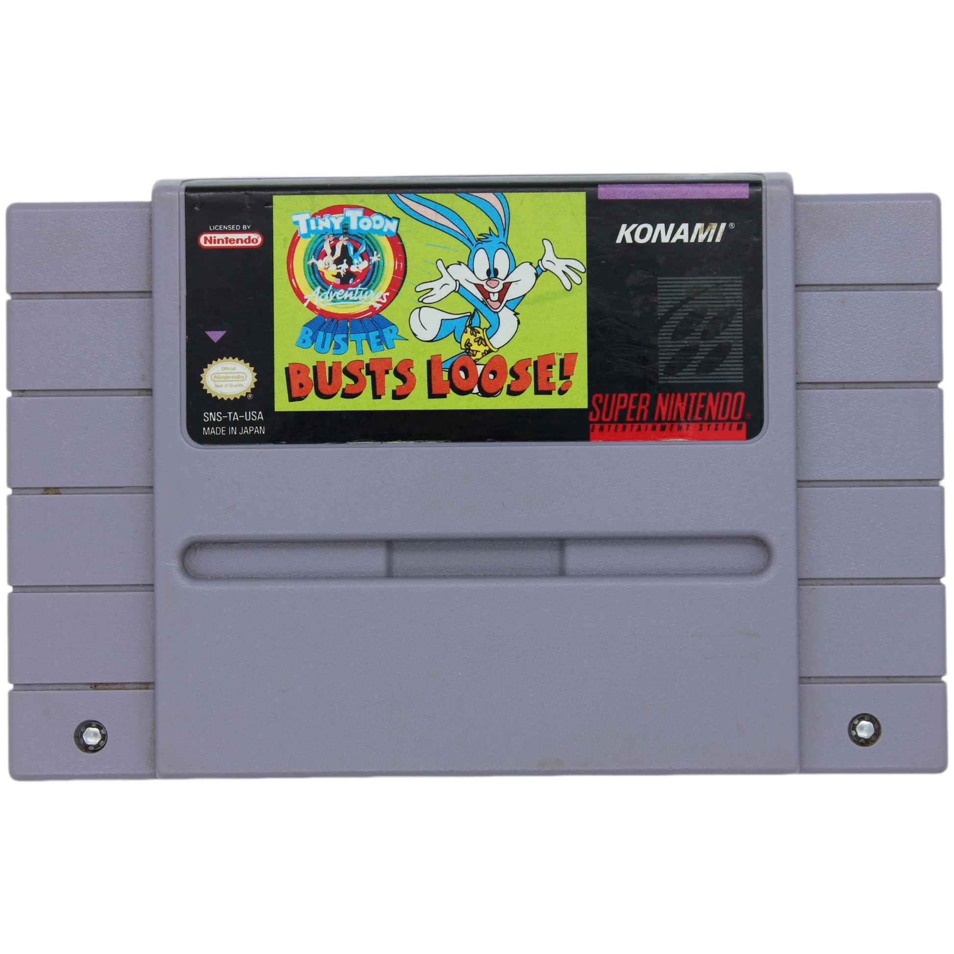 Super Nintendo game cartridge with Konami branding and cartoon character on the label