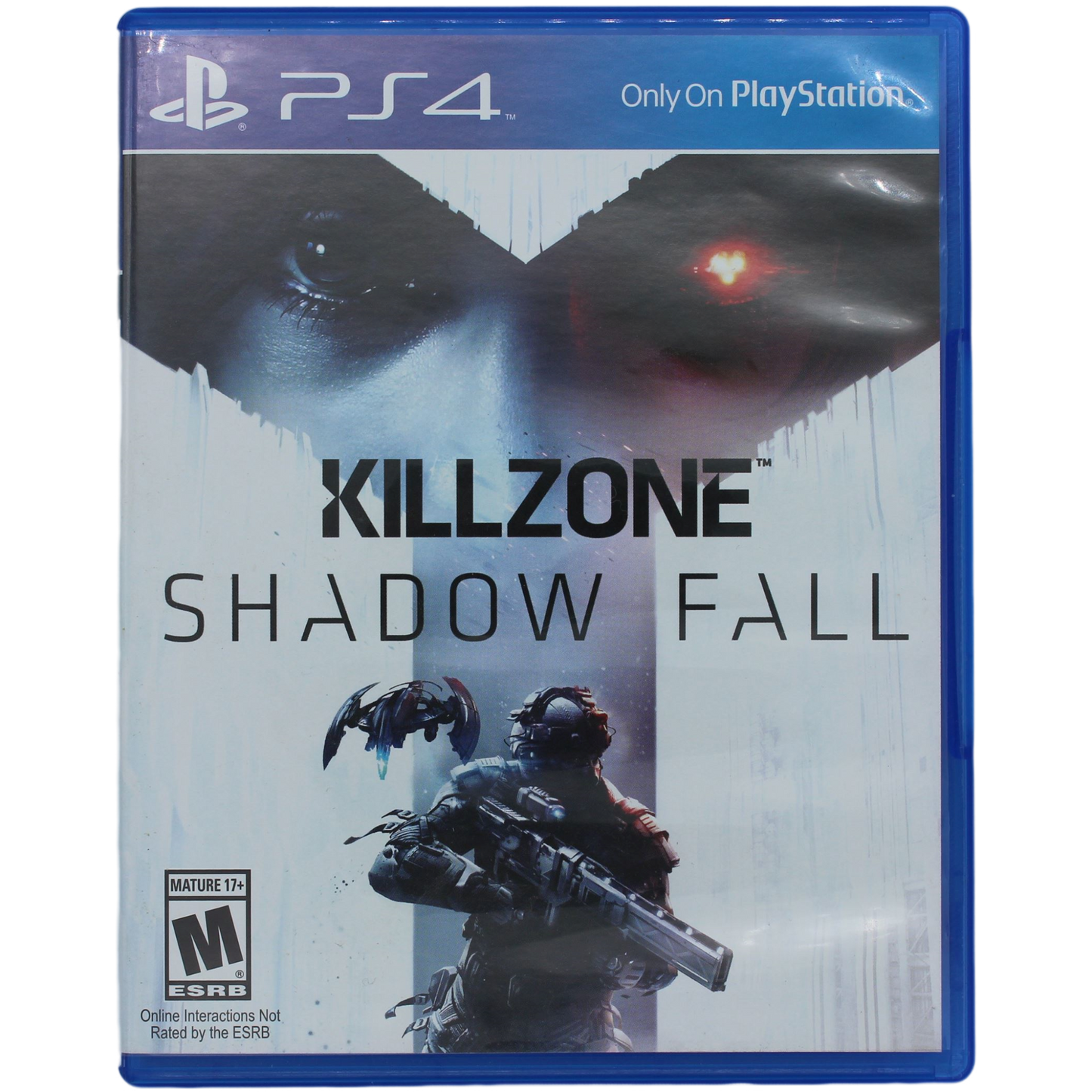 PlayStation 4 game case for 'Killzone: Shadow Fall' with a futuristic design and character imagery.