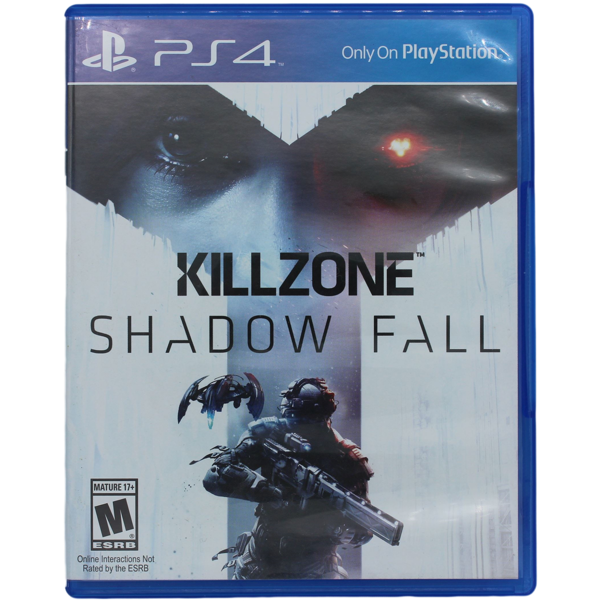 PlayStation 4 game case for 'Killzone: Shadow Fall' with a futuristic design and character imagery.