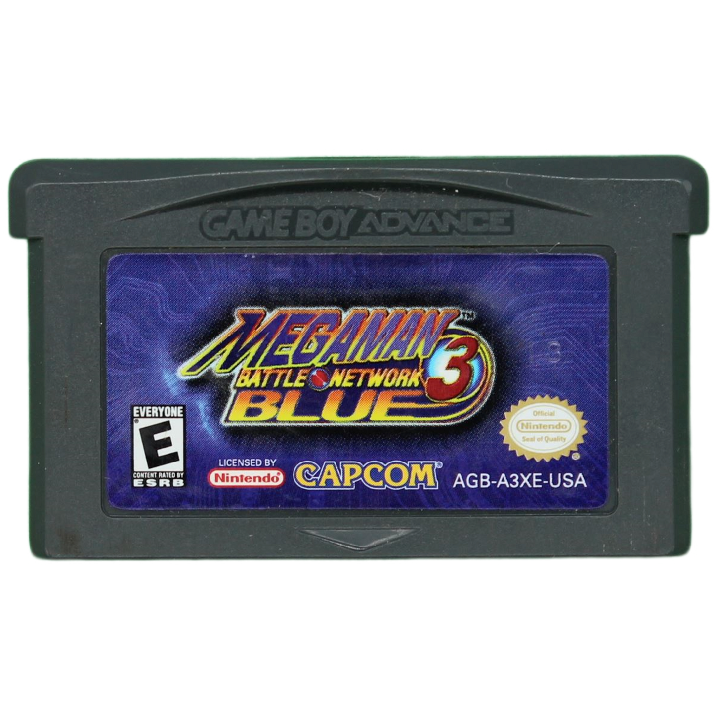 Game Boy Advance game cartridge for 'Mega Man Battle Network 3 Blue' by Capcom on a white background