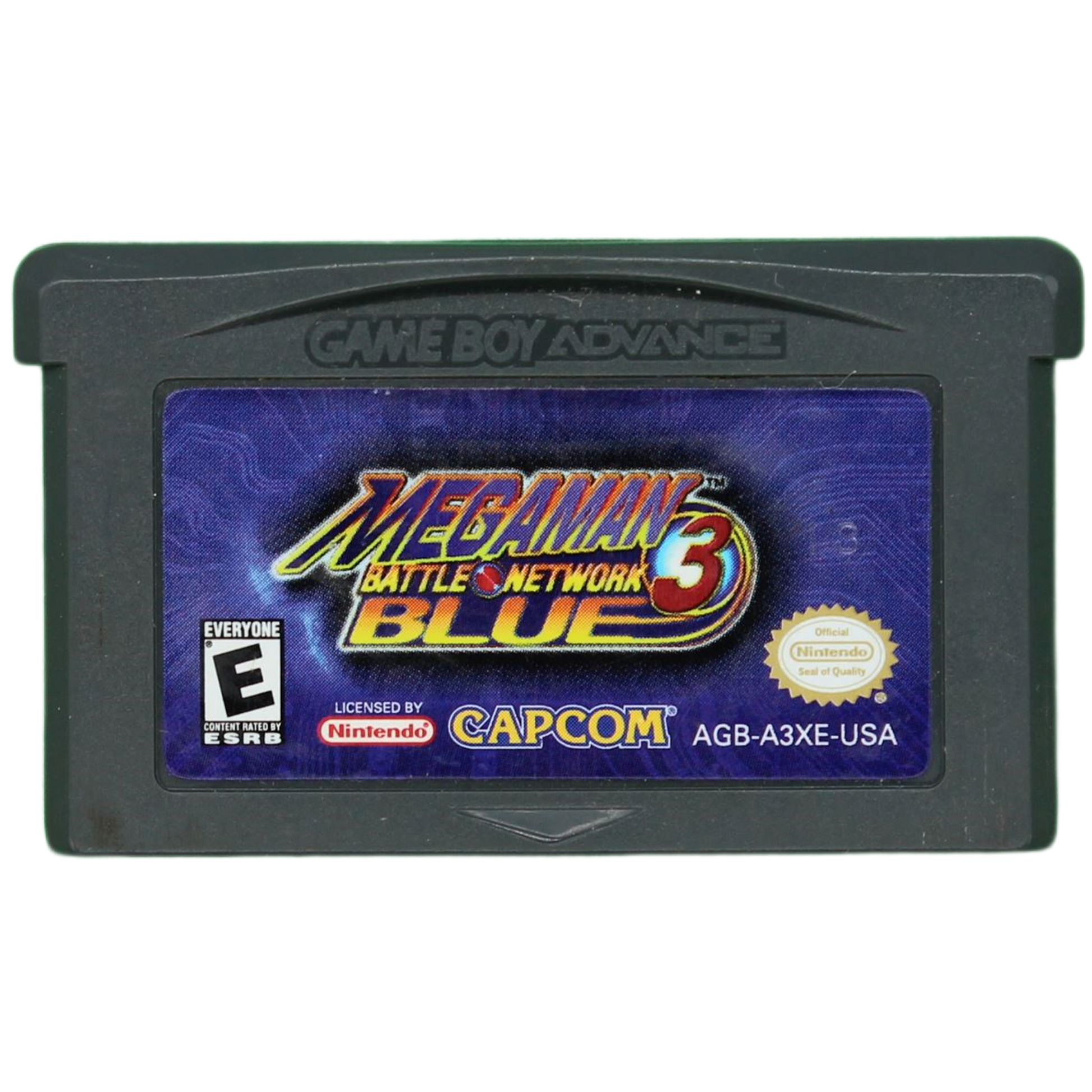 Game Boy Advance game cartridge for 'Mega Man Battle Network 3 Blue' by Capcom on a white background