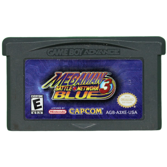 Game Boy Advance game cartridge for 'Mega Man Battle Network 3 Blue' by Capcom on a white background