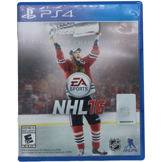 PS4 game console with NHL 16 cover featuring a player holding a Stanley Cup.