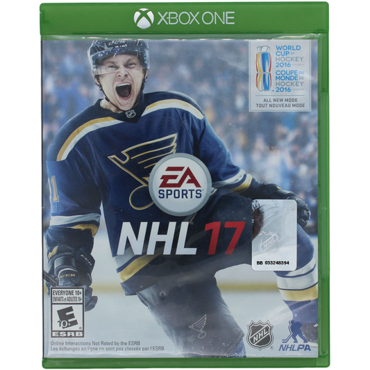 Xbox One game console cover featuring a hockey player and EA Sports NHL 17 branding.
