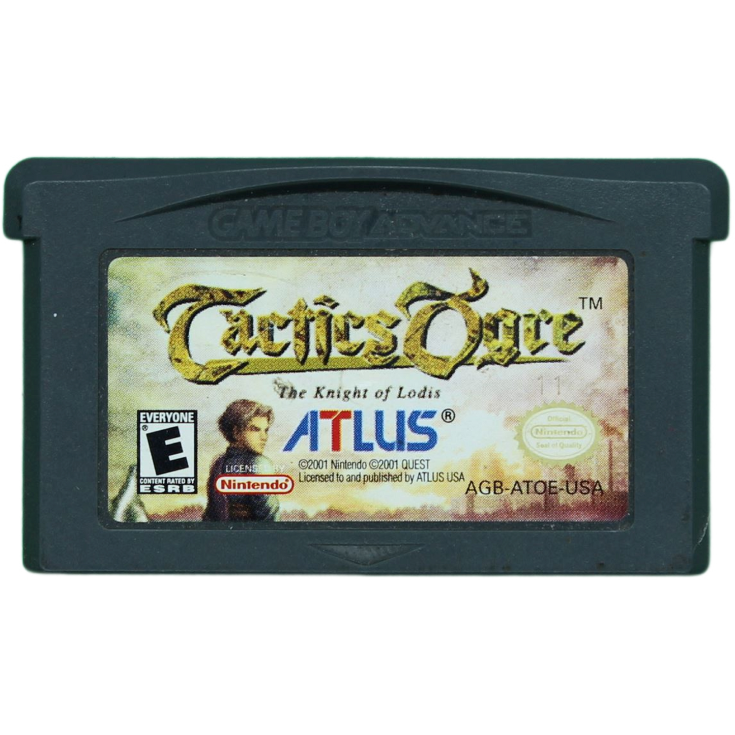Game cartridge for 'Tactics Ogre' by Atlus on a black background