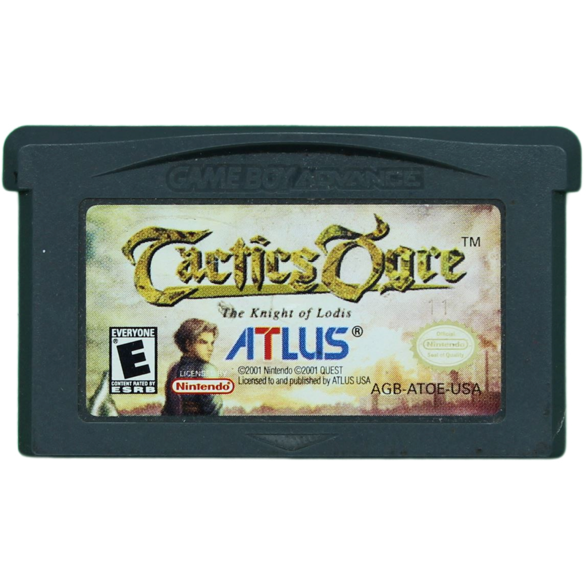 Game cartridge for 'Tactics Ogre' by Atlus on a black background