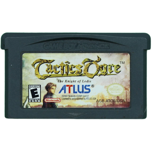 Game cartridge for 'Tactics Ogre' by Atlus on a black background
