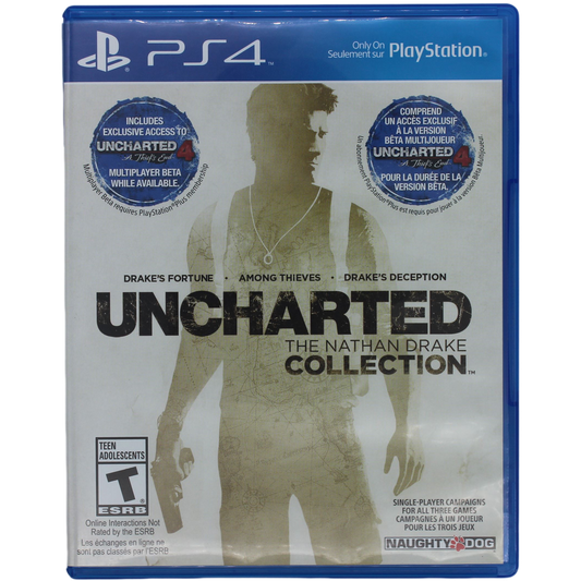 PlayStation 4 game case for 'Uncharted: The Nathan Drake Collection' with silhouette of a character.